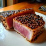Two slices of perfectly seared Blackened Tuna Steak, showcasing the pink center and blackened crust.
