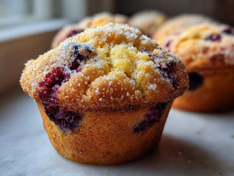 Close-up of a delicious homemade blueberry muffin with sugar topping. Freshly baked and ready to eat.