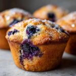 Close-up of a fresh blueberry muffin with a sugary crust, showcasing the juicy blueberries.