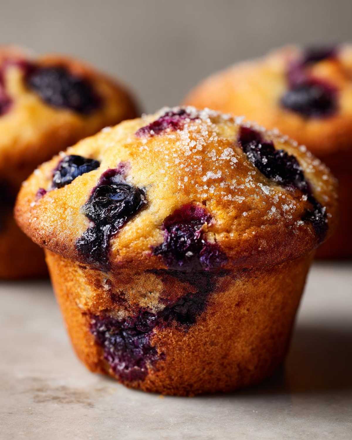 Close-up of a blueberry muffin with a sugary top, showcasing the juicy blueberries.