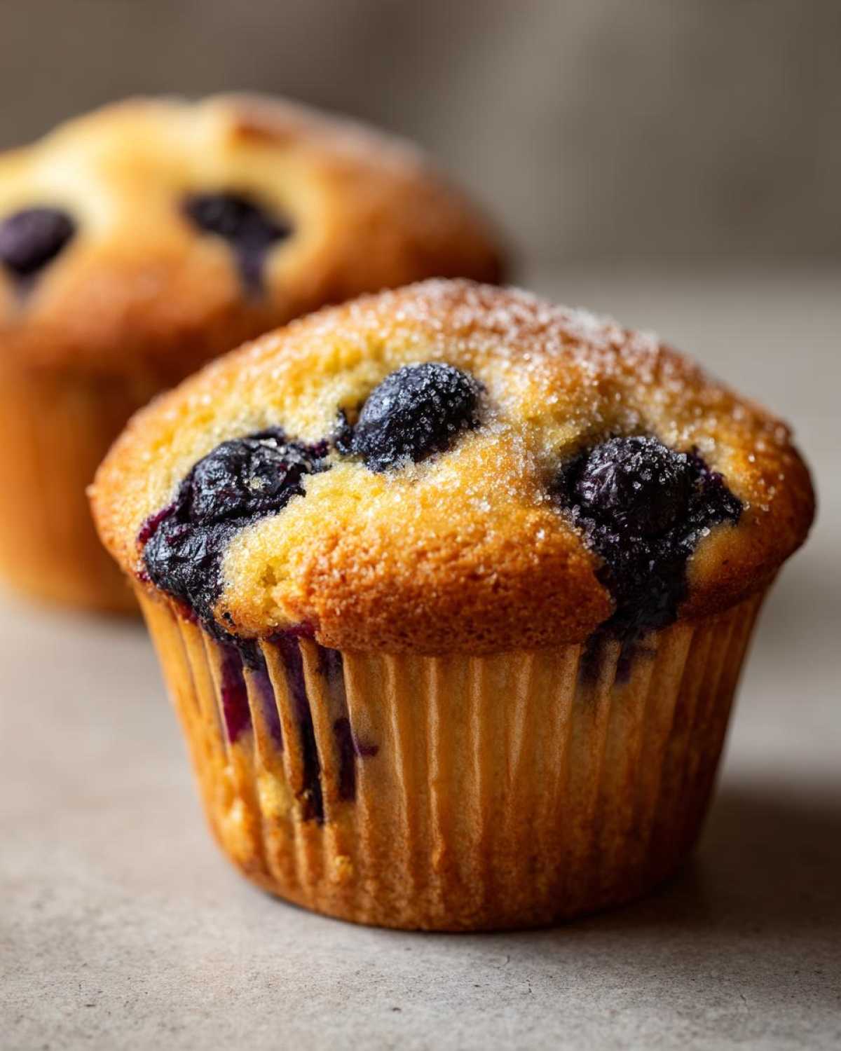 Close-up of a blueberry muffin with a sugar-coated top and visible blueberries.