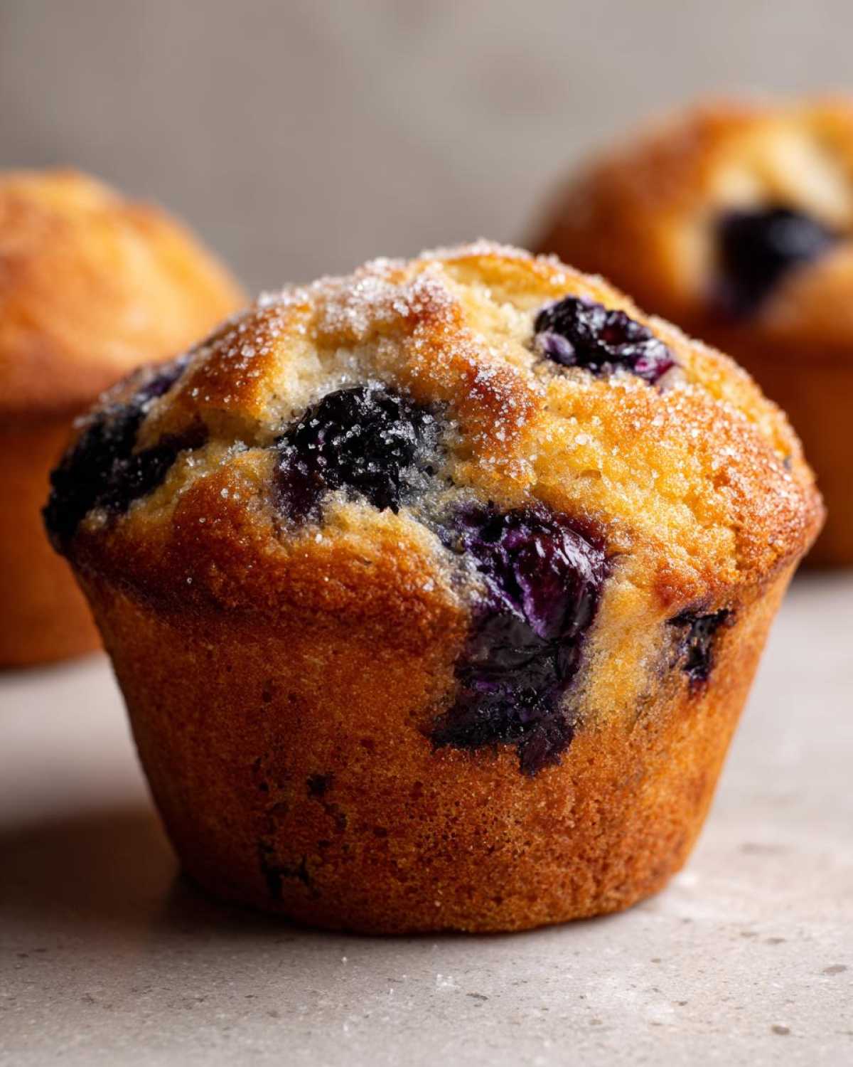 A close-up of a single blueberry muffin, topped with sugar and bursting with blueberries.