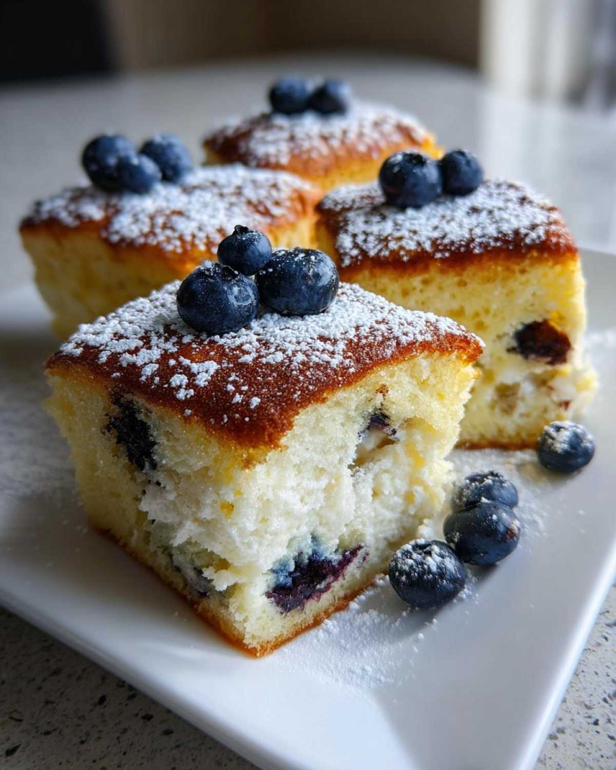 Close-up of blueberry sheet pan pancakes squares, dusted with powdered sugar and topped with fresh blueberries.
