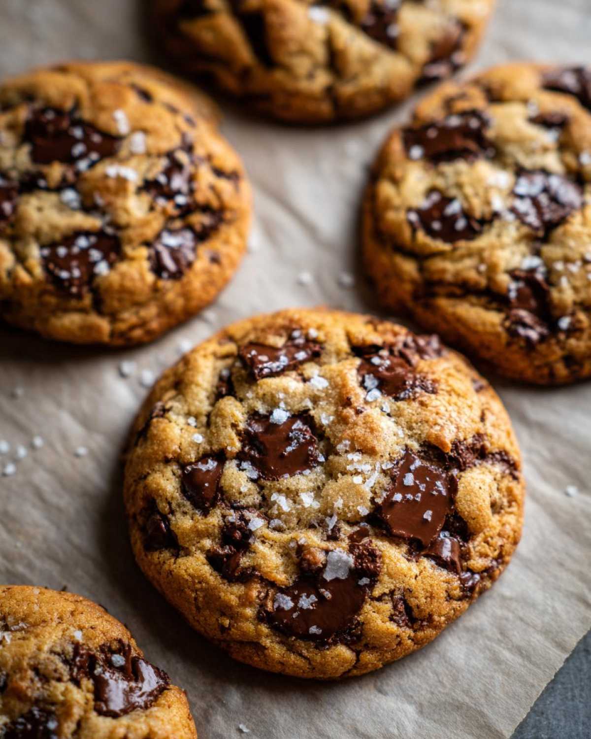 Overhead shot of several brown butter chocolate chip cookies sprinkled with sea salt on parchment paper.