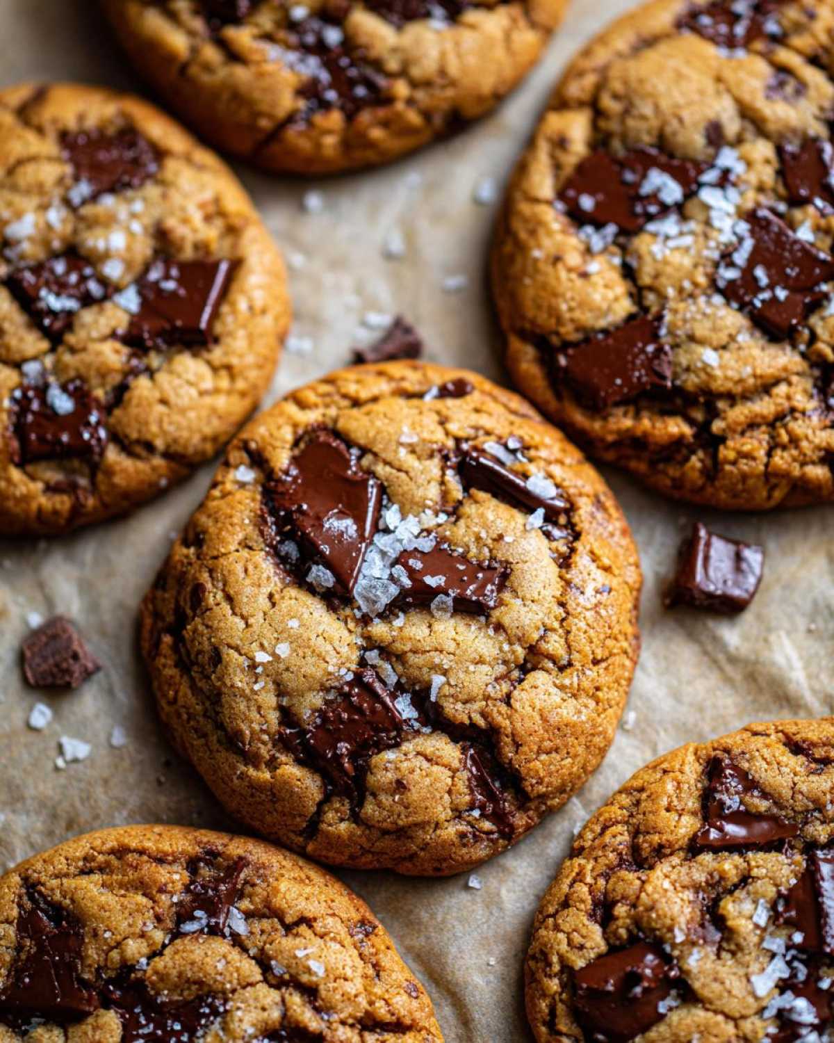 Close-up of brown butter chocolate chip cookies with flaky sea salt on parchment paper.