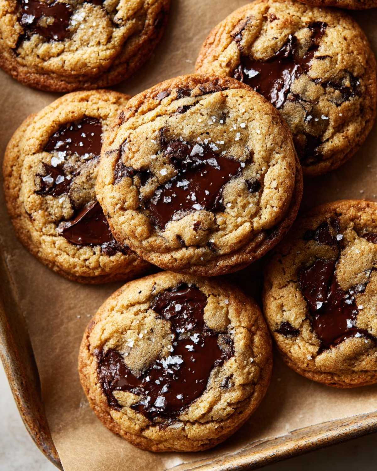 Overhead shot of brown butter chocolate chip cookies with flaky sea salt on a baking sheet.