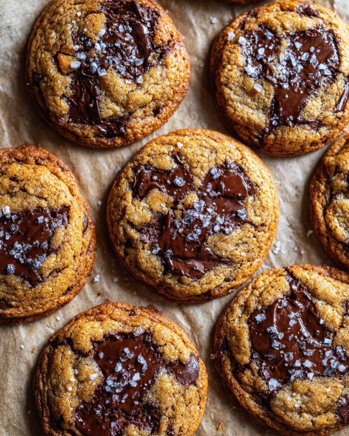 Overhead shot of brown butter chocolate chip cookies sprinkled with sea salt on parchment paper.
