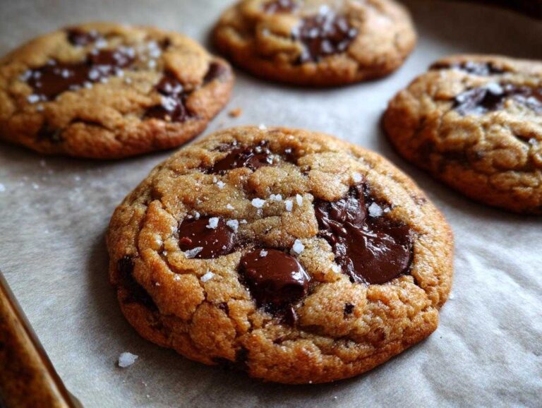 Close-up of brown butter chocolate chip cookies on a baking sheet, topped with sea salt.