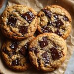 A stack of four brown butter chocolate chip cookies, topped with sea salt flakes, on parchment paper.
