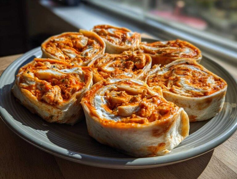 A plate of freshly made buffalo chicken pinwheels, showcasing the creamy filling and spicy chicken.