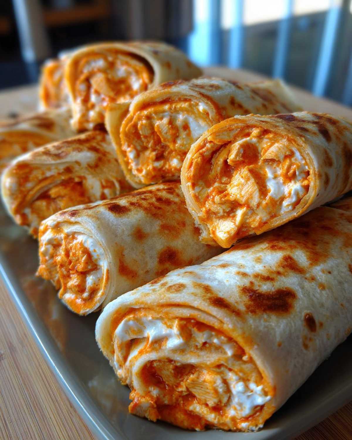 A platter of tasty buffalo chicken pinwheels, showcasing the creamy filling and spicy chicken.