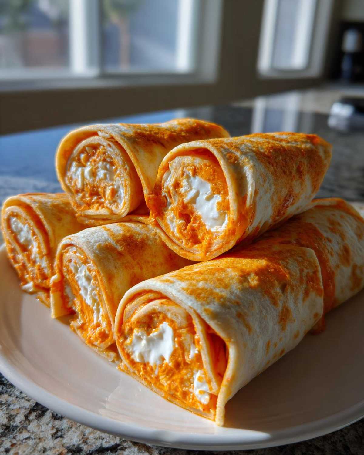 A stack of delicious buffalo chicken pinwheels on a plate, ready to be served as an appetizer.