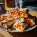 A stack of flavorful buffalo chicken pinwheels, showcasing the creamy filling and spicy chicken.