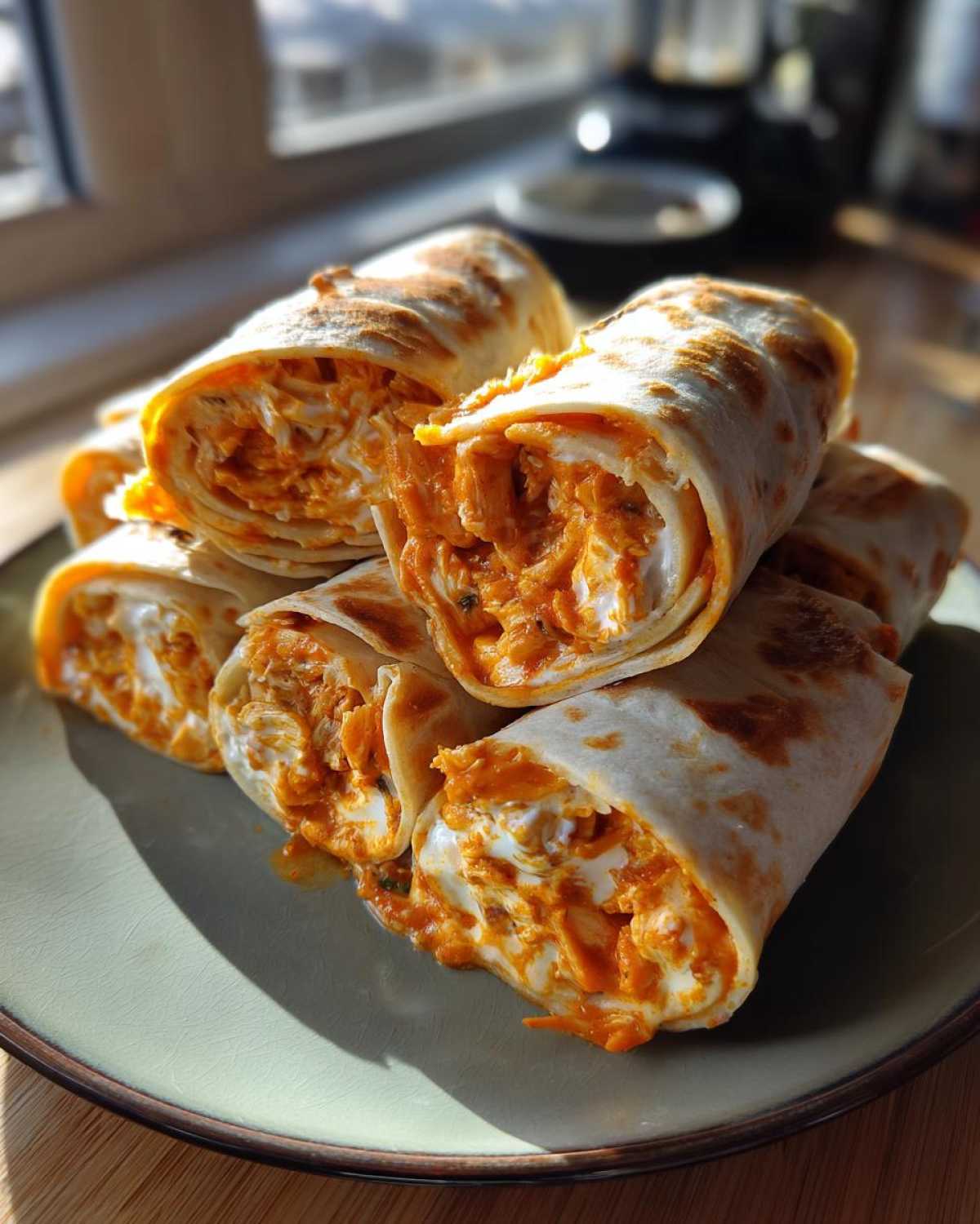 A stack of appetizing buffalo chicken pinwheels on a plate, showcasing the creamy filling and spicy chicken.