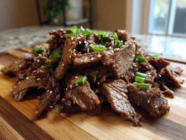 Close-up of Bulgogi recipe featuring thinly sliced marinated beef, garnished with sesame seeds and green onions.