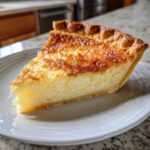 A slice of golden buttermilk pie with a flaky crust on a white plate, ready to eat.