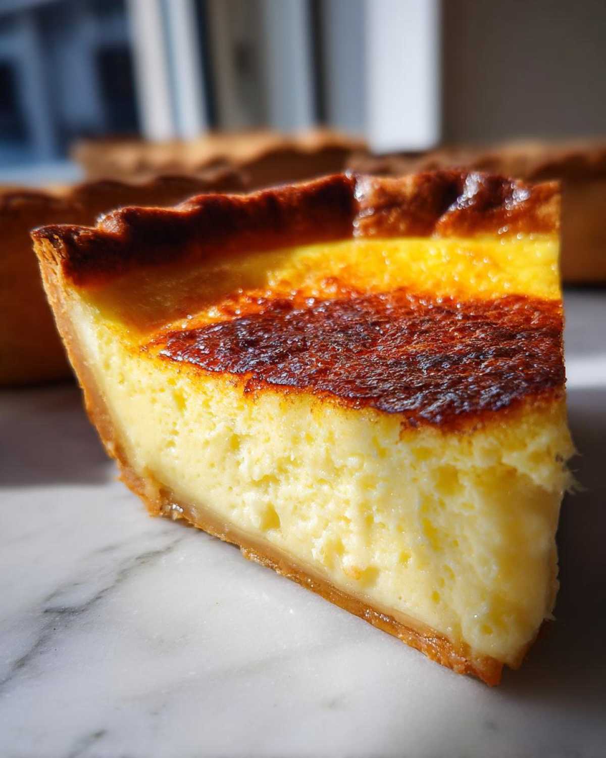 A close-up of a slice of buttermilk pie with a golden crust and creamy filling.