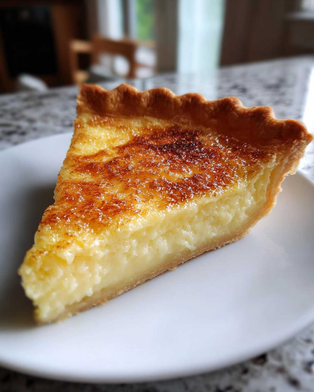 A slice of golden buttermilk pie with a flaky crust on a white plate, ready to eat.
