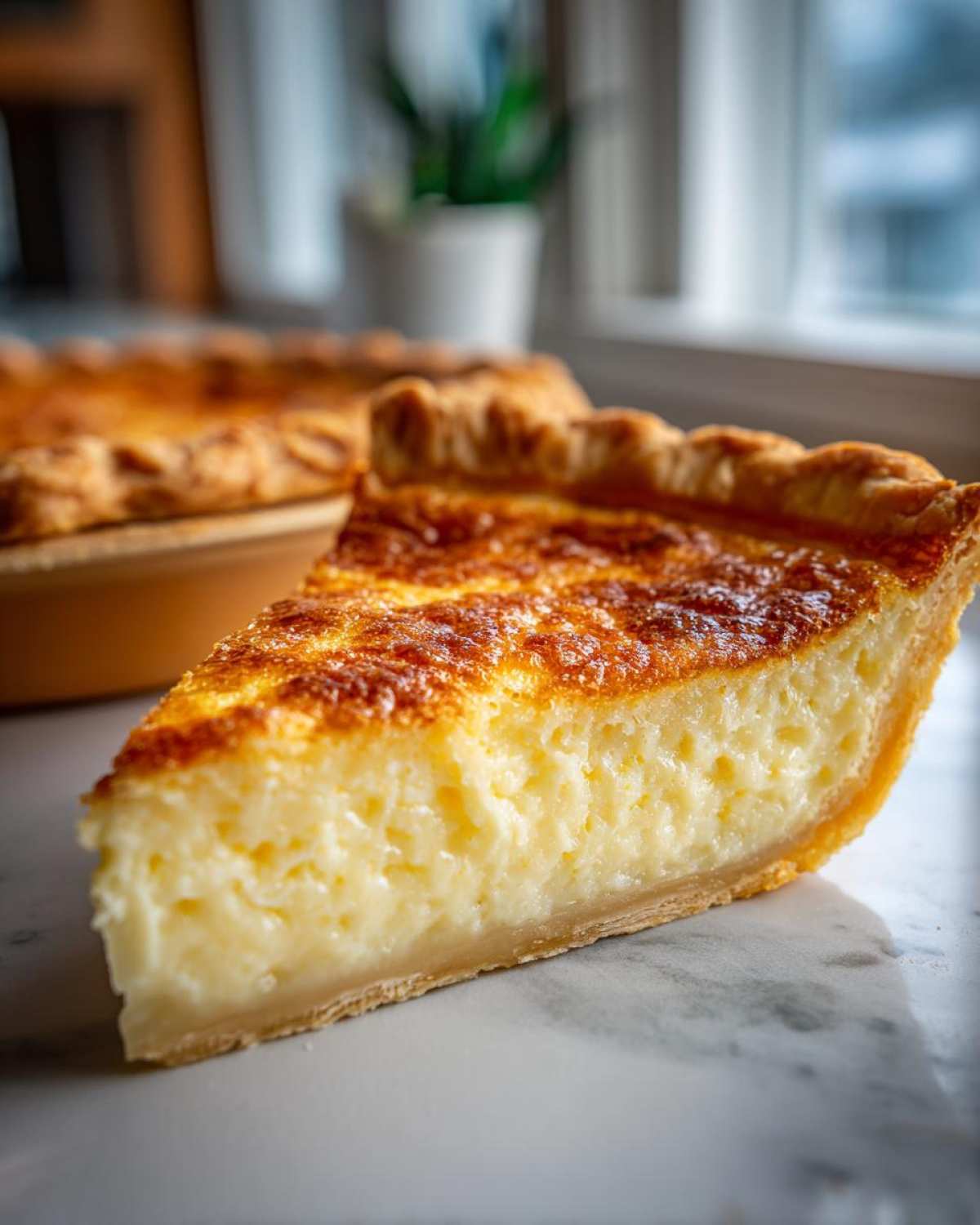 A delicious slice of buttermilk pie with a golden crust and creamy filling.