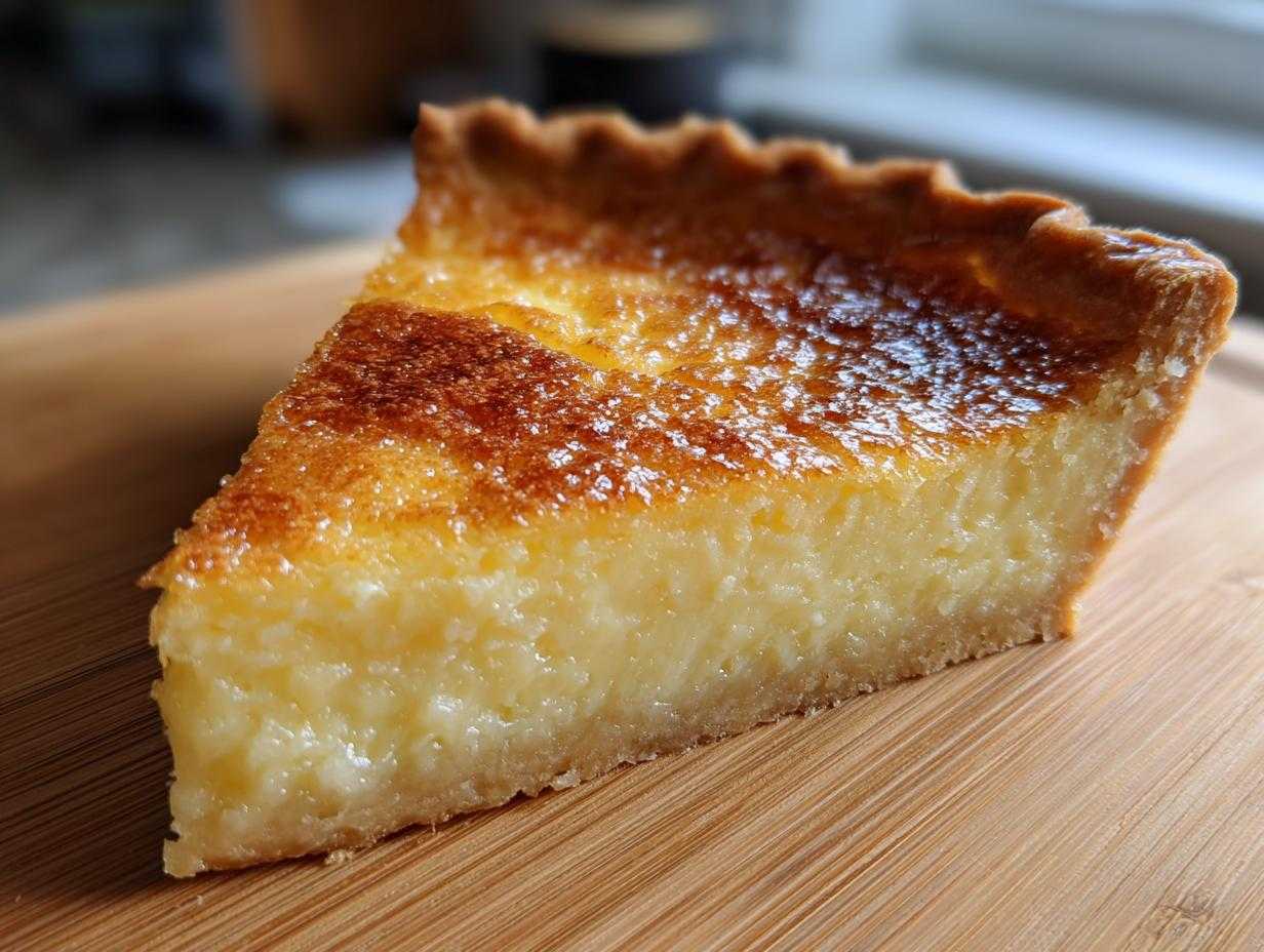 A slice of golden brown buttermilk pie with a flaky crust, sitting on a wooden cutting board.