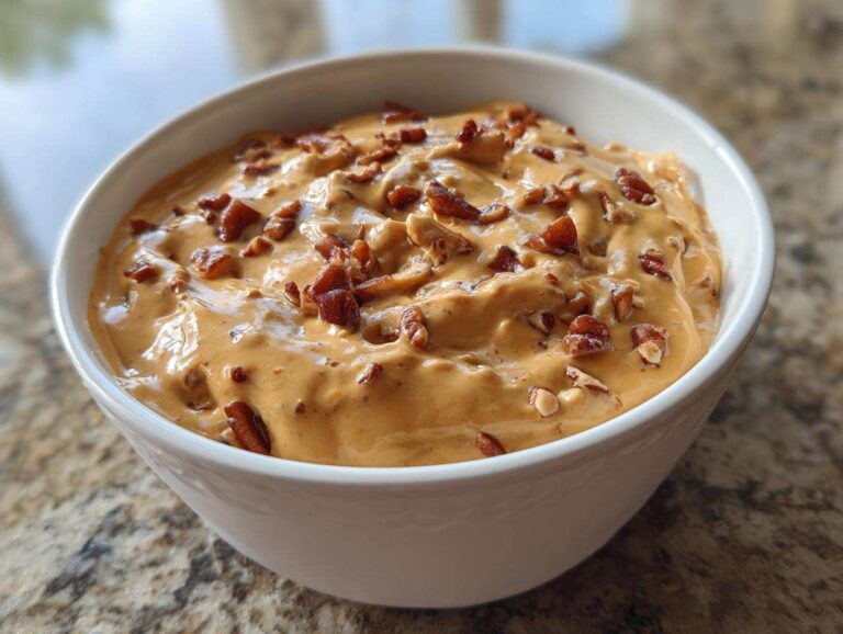 A white bowl filled with creamy caramel apple dip, topped with chopped pecans.