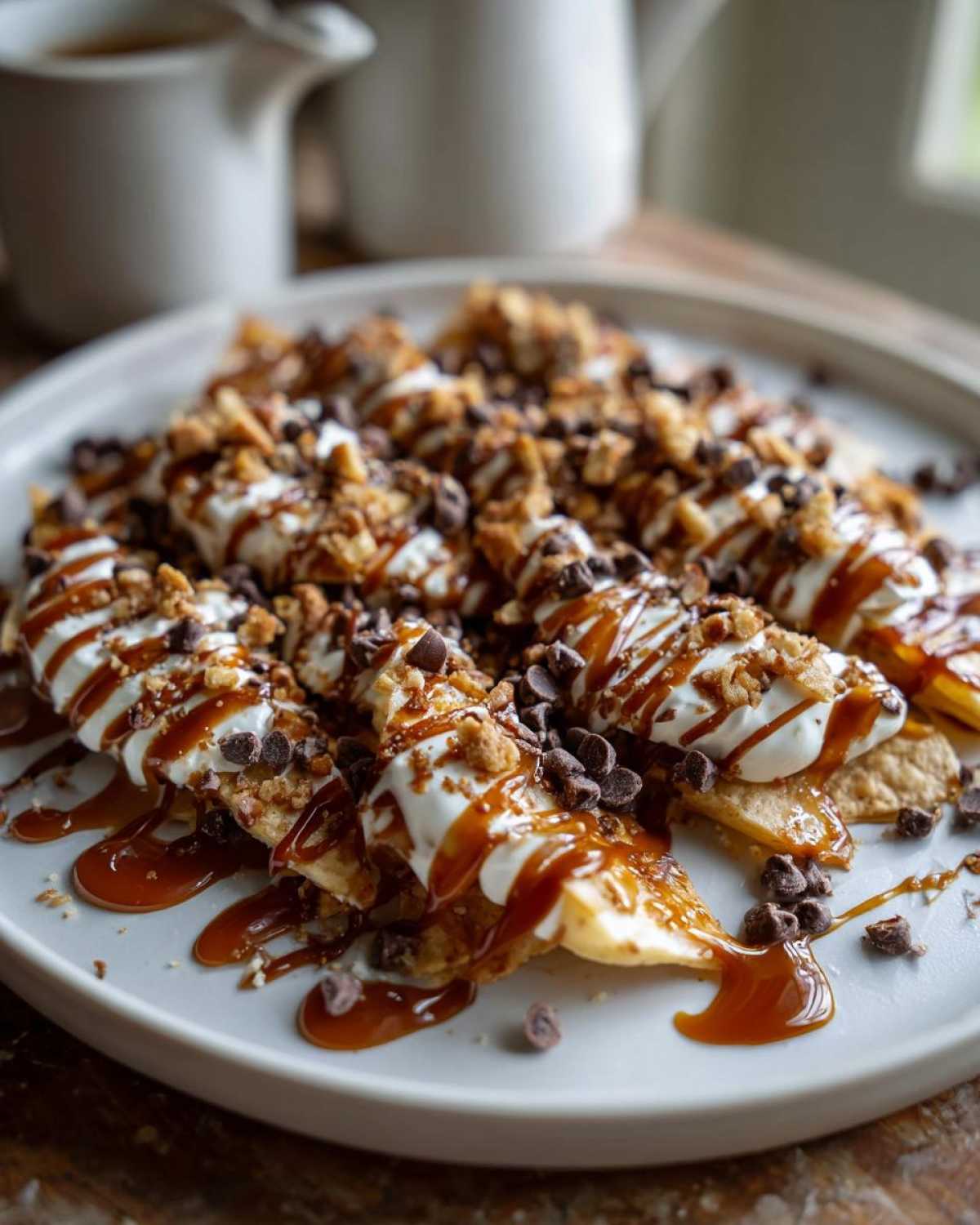 A plate of caramel apple nachos topped with whipped cream, caramel drizzle, chocolate chips, and crushed nuts.