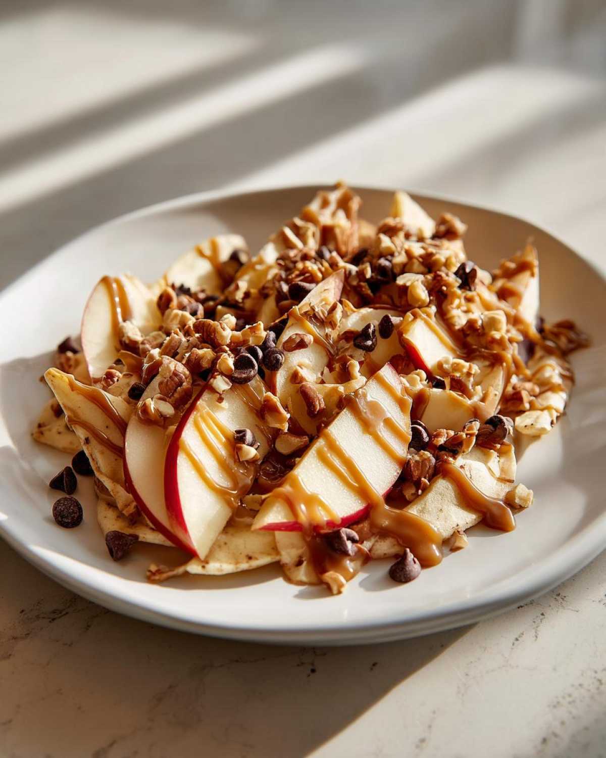 A plate of caramel apple nachos with apple slices, caramel drizzle, chocolate chips, and nuts.