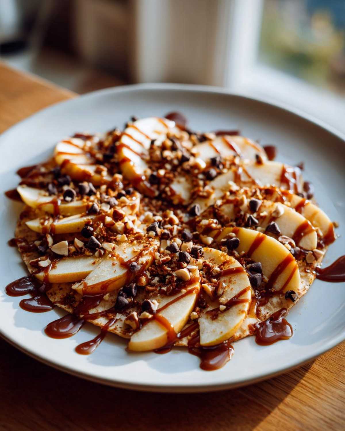 A plate of caramel apple nachos with apple slices, caramel drizzle, chocolate chips, and chopped nuts.