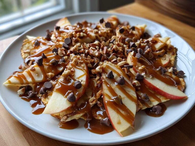 A plate of caramel apple nachos topped with caramel sauce, chocolate chips, and chopped nuts.