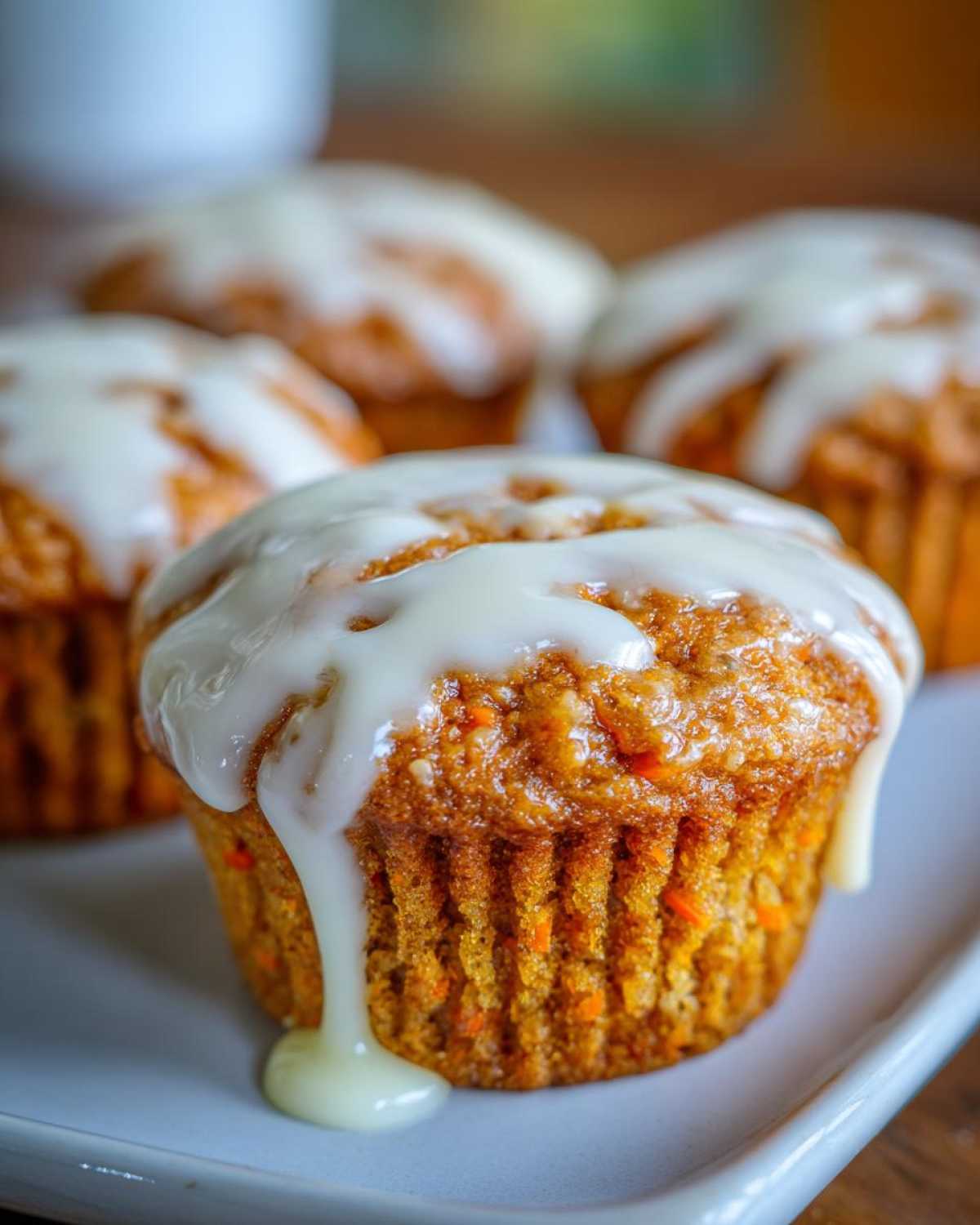 Close-up of carrot cake muffins with a creamy white icing drizzled on top, sitting on a white plate.