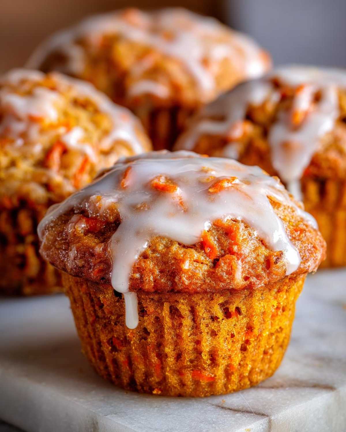 Close-up of iced carrot cake muffins, showcasing the texture and glaze.