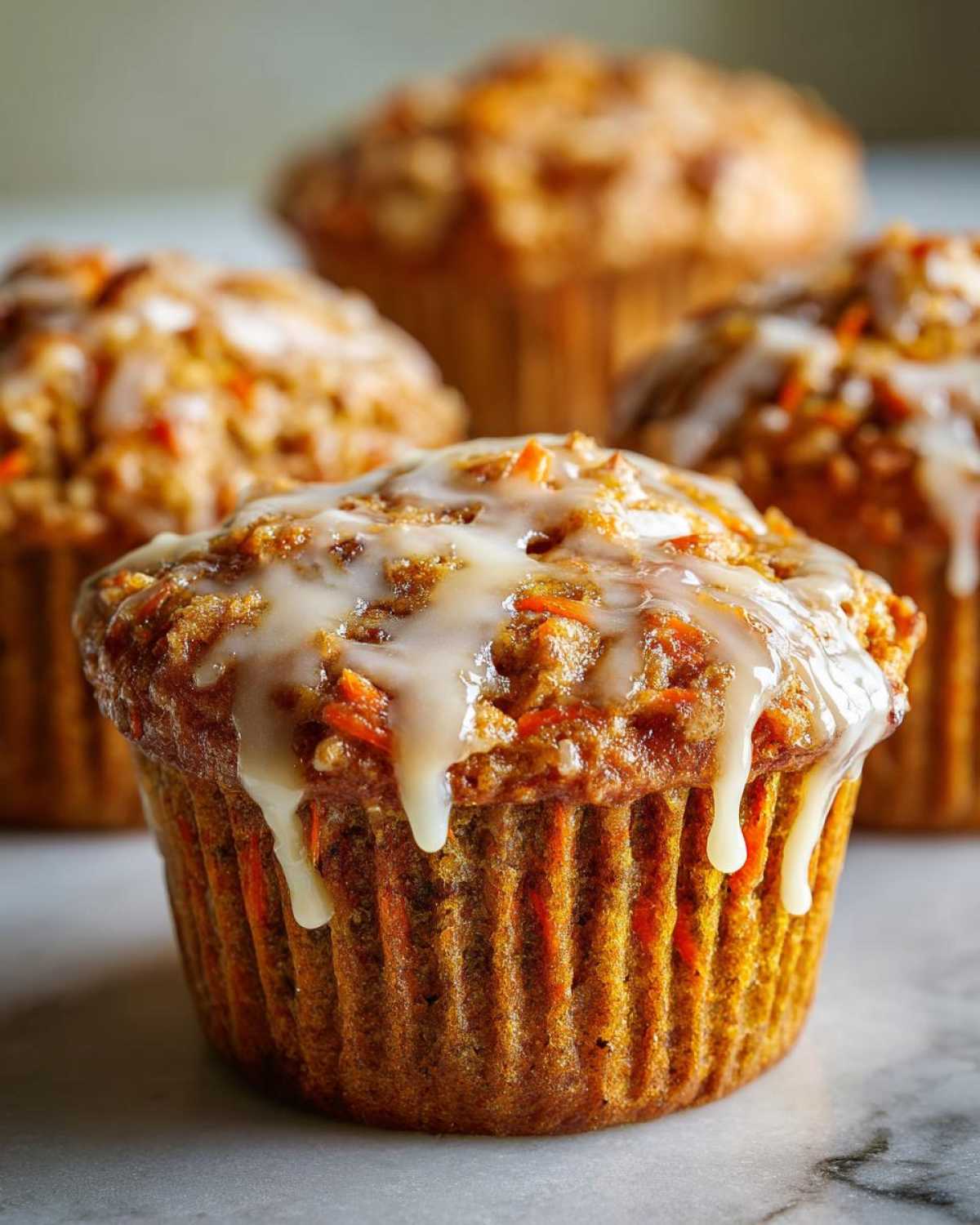 Close-up of glazed carrot cake muffins. The muffins have visible shredded carrots and a creamy white icing drizzle.
