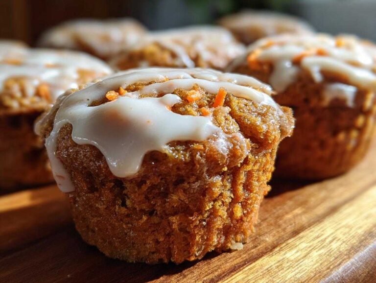 Close-up of iced carrot cake muffins on a wooden board, showing the texture and icing detail.