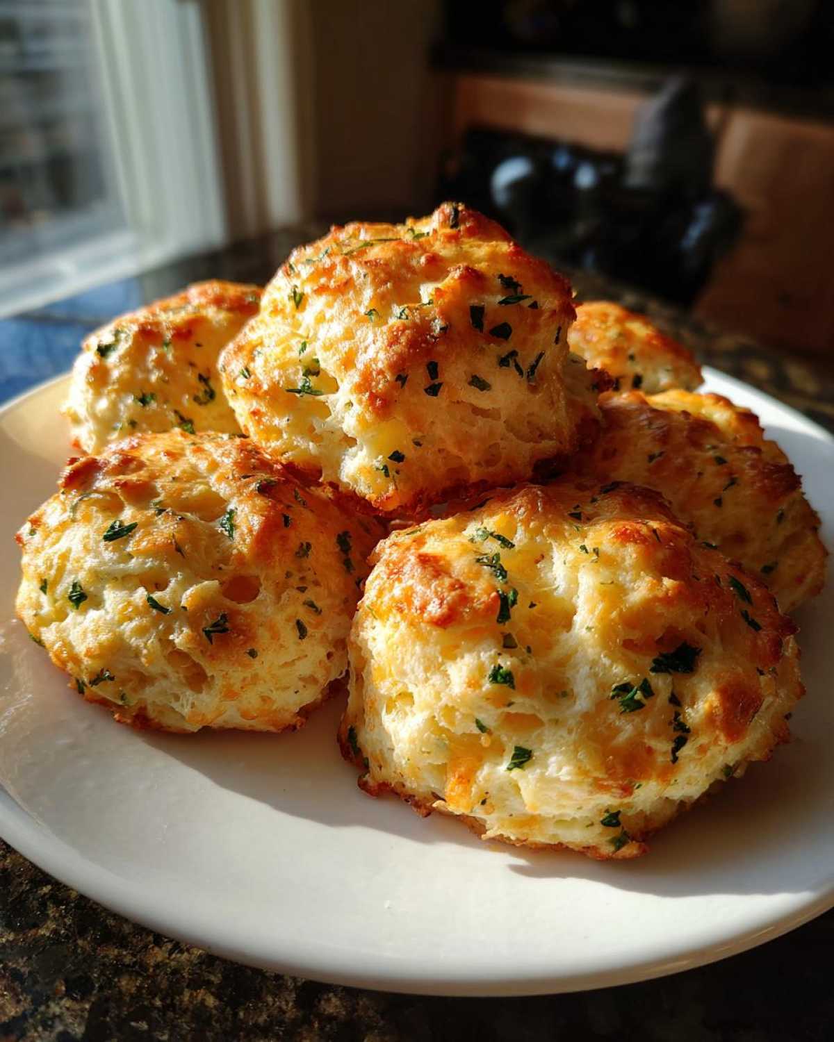 Plate of freshly baked Cheddar Bay Biscuits copycat recipe, golden brown and topped with herbs.