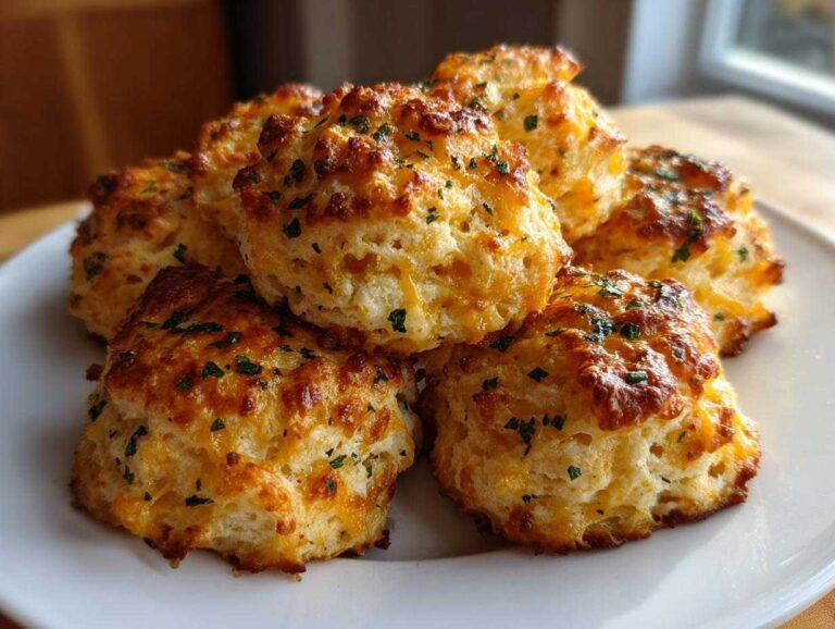 Pile of freshly baked Cheddar Bay Biscuits copycat recipe, garnished with herbs on a white plate.