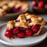 A close-up of a slice of cherry pie with a lattice crust, filled with bright red cherries.