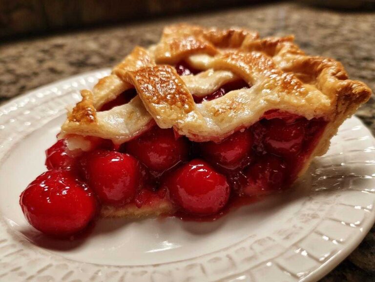 A close-up of a slice of cherry pie with a lattice crust, showcasing the juicy cherry filling.