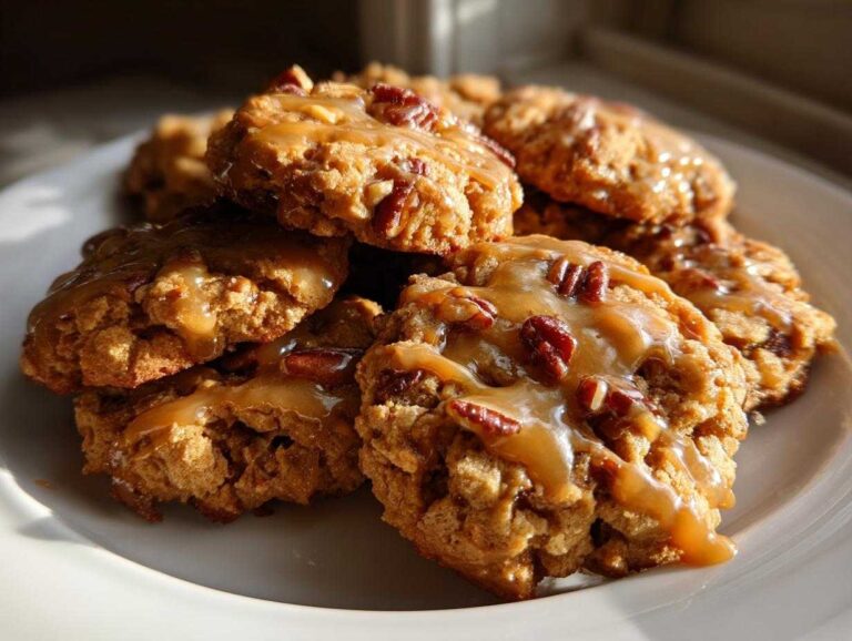 Pile of chewy maple cookies topped with maple glaze and chopped pecans on a white plate.