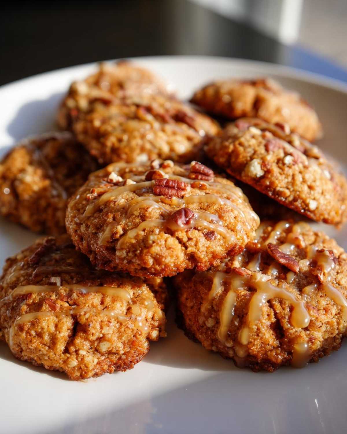 A plate of freshly baked chewy maple cookies, drizzled with maple glaze and topped with chopped pecans.