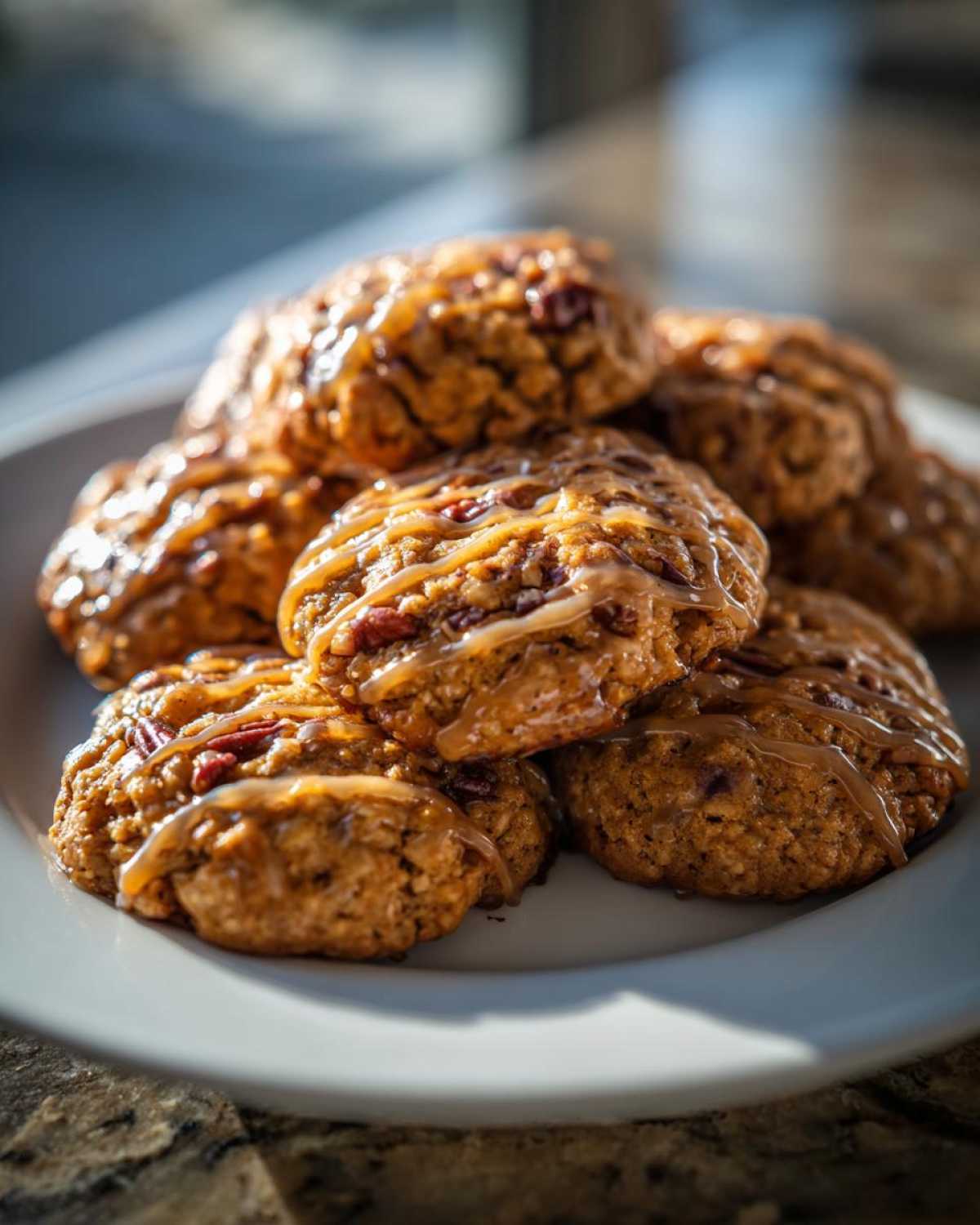 A stack of chewy maple cookies on a white plate, drizzled with a sweet maple glaze and chopped nuts.