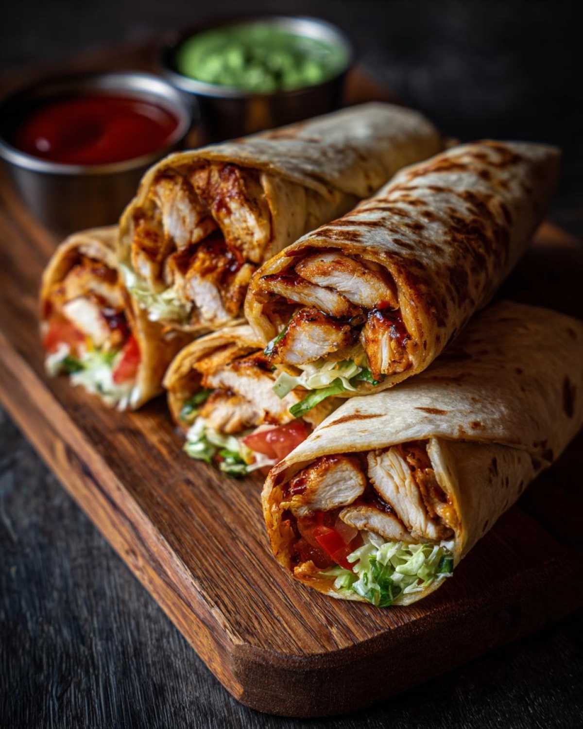 Several chicken and cheese wraps stacked on a wooden board, with dipping sauces in the background.
