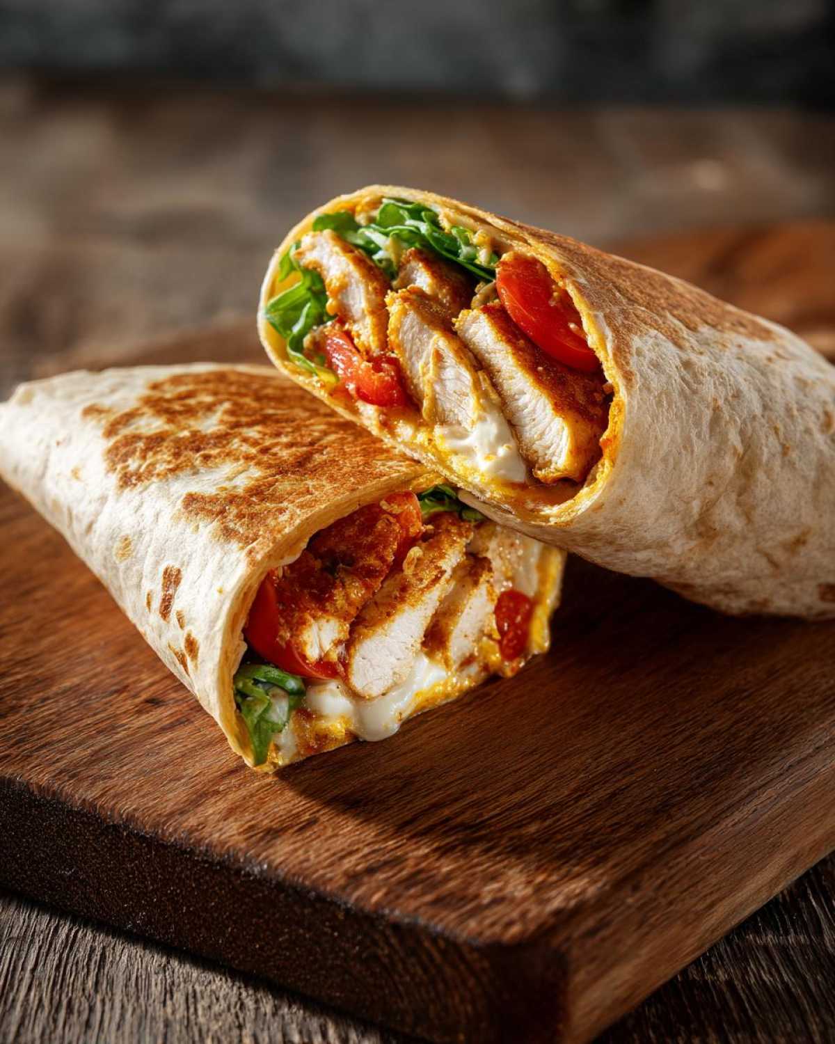 Two chicken and cheese wraps, sliced to show the filling of chicken, cheese, tomatoes, and greens.