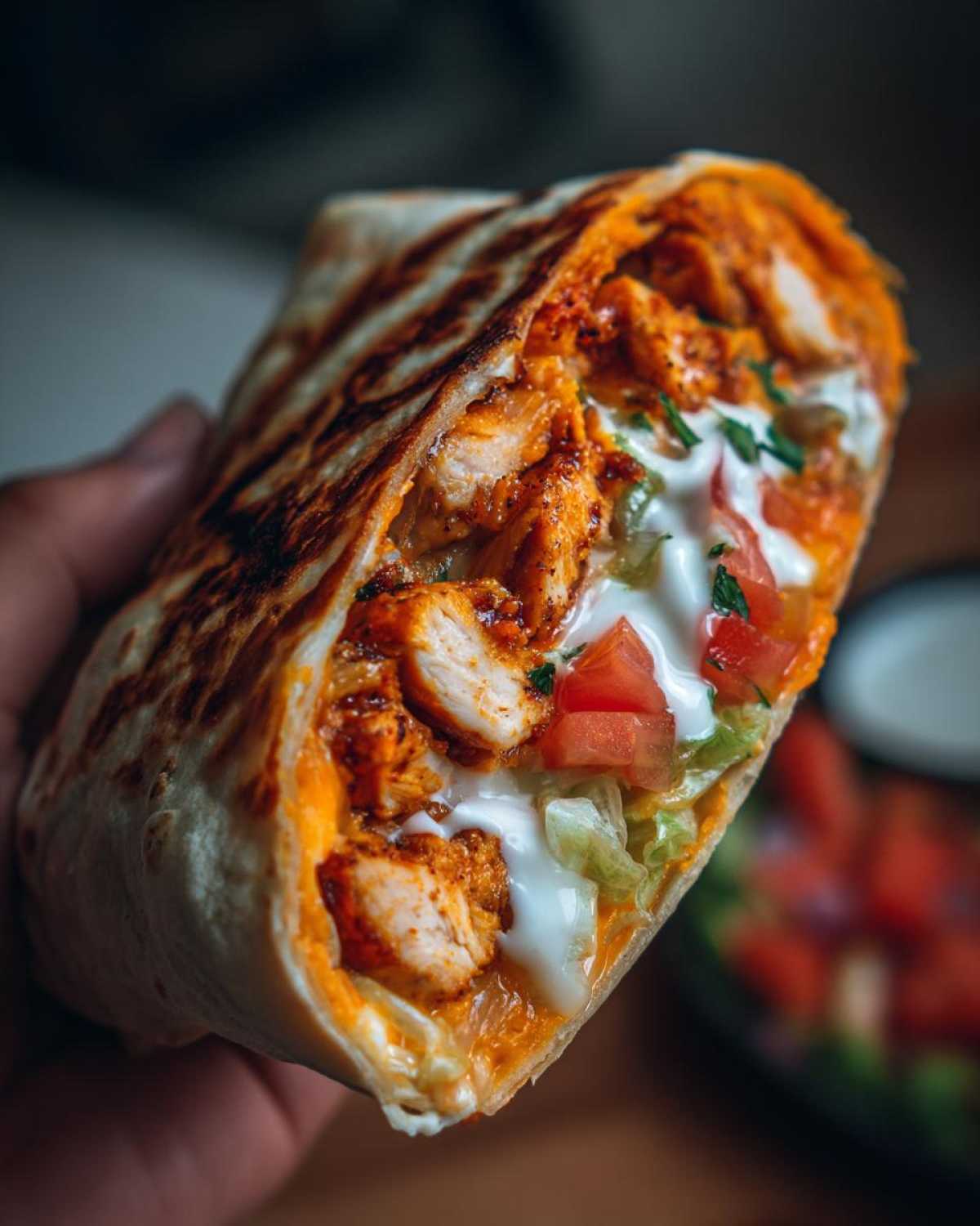 Close-up of a flavorful chicken and cheese wraps with chicken, lettuce, tomato, and sauce.