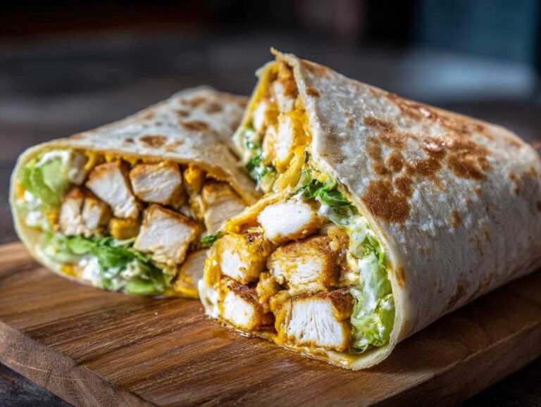 Two halves of a chicken and cheese wraps, showcasing the filling of chicken, cheese, and lettuce.