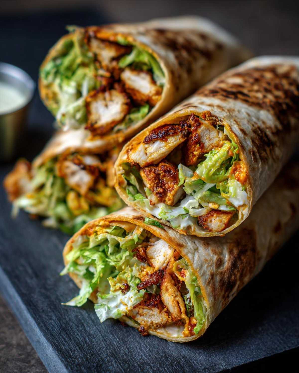 A stack of appetizing chicken and cheese wraps with lettuce and sauce, ready to eat.
