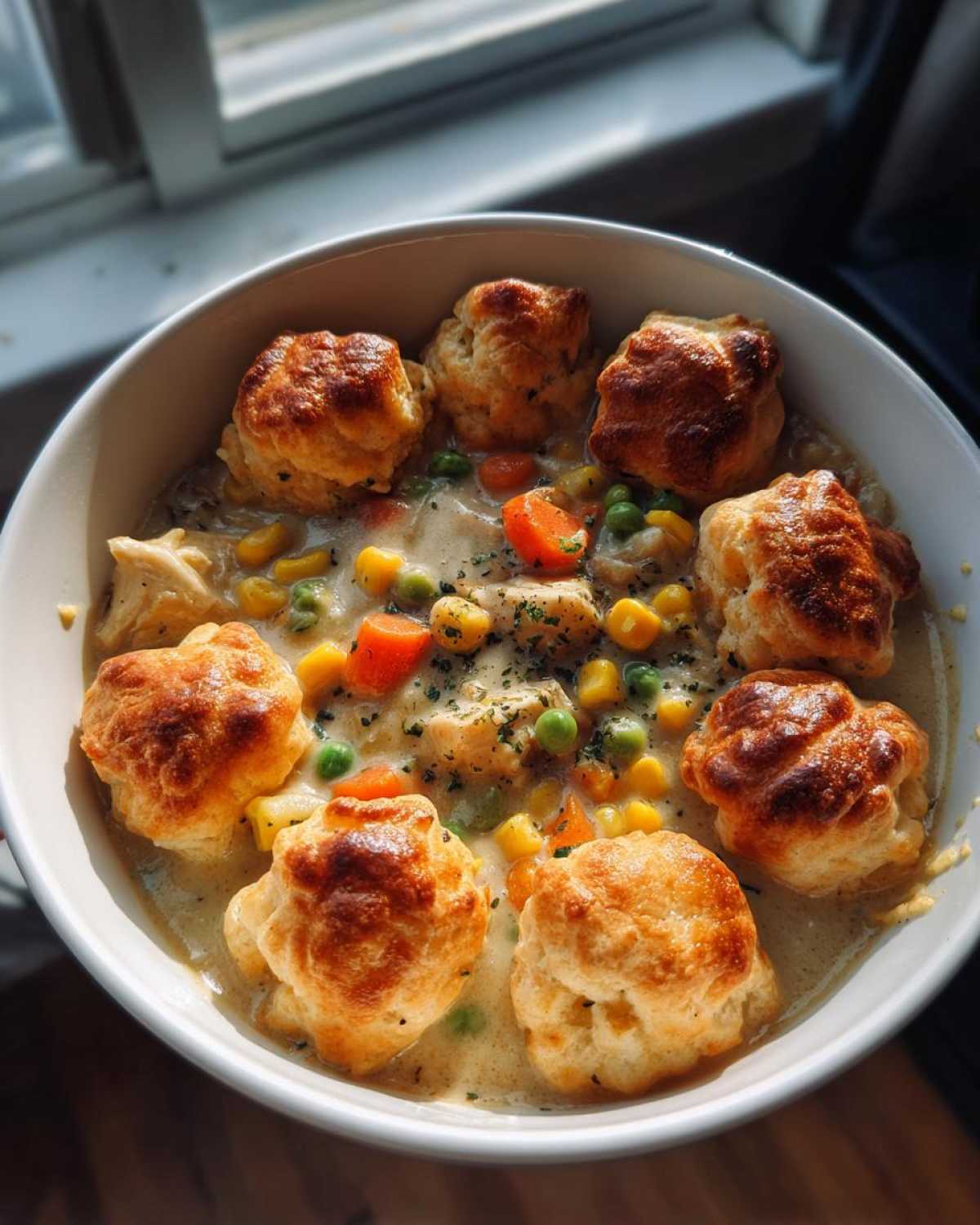 Overhead view of a bowl of chicken pot pie soup with golden brown biscuits, carrots, peas, and corn.