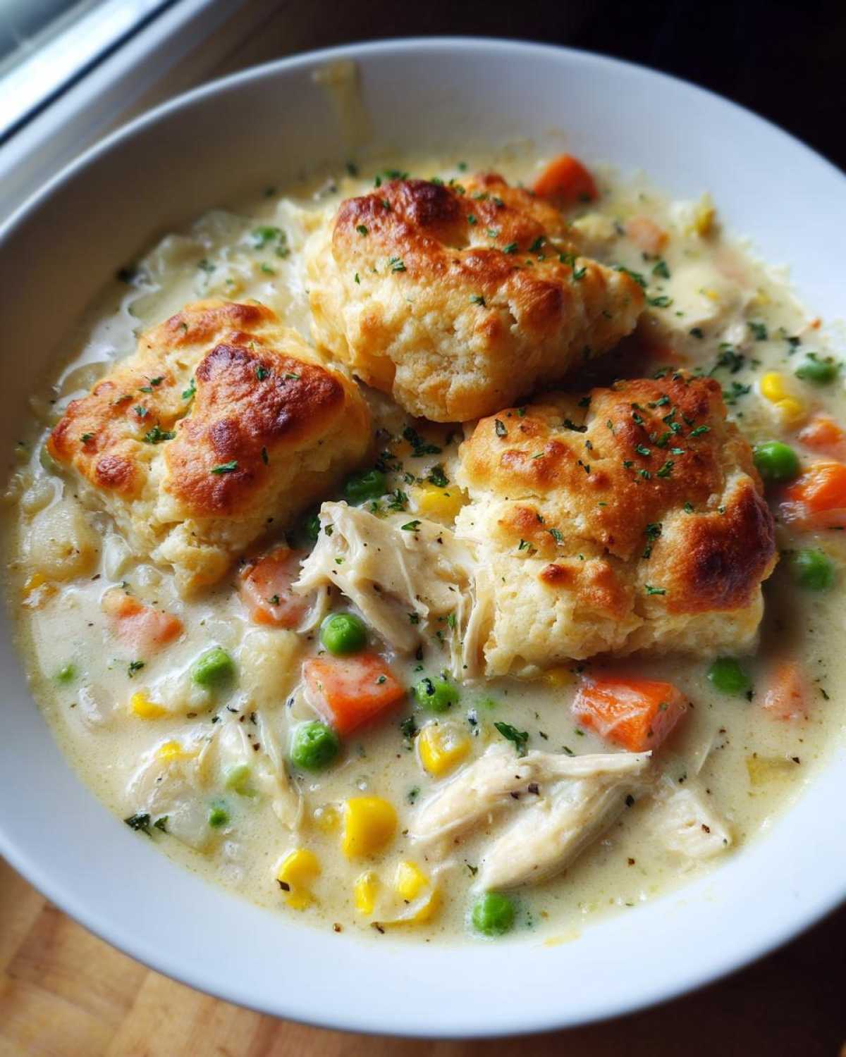 A bowl of creamy chicken pot pie soup topped with golden brown biscuits and garnished with parsley.