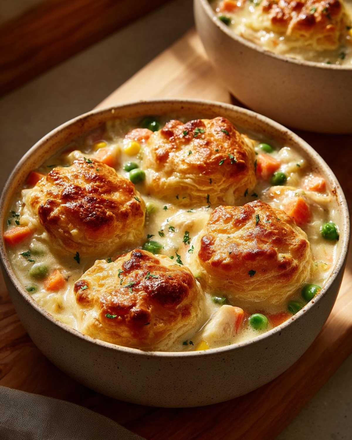 Close-up of a bowl of chicken pot pie soup topped with golden brown biscuits, peas, carrots, and herbs.