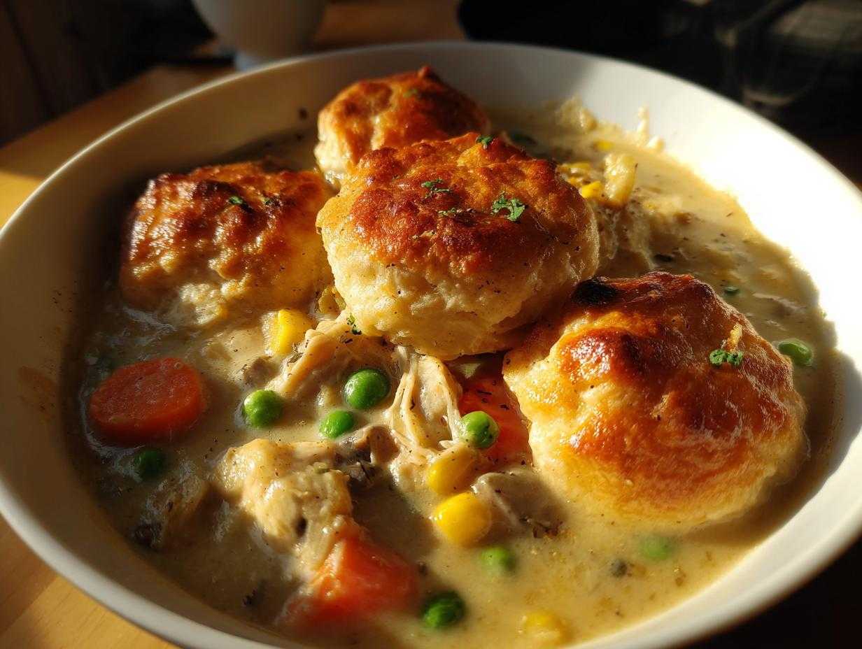 A comforting bowl of chicken pot pie soup topped with golden brown biscuits, peas, carrots, and corn.