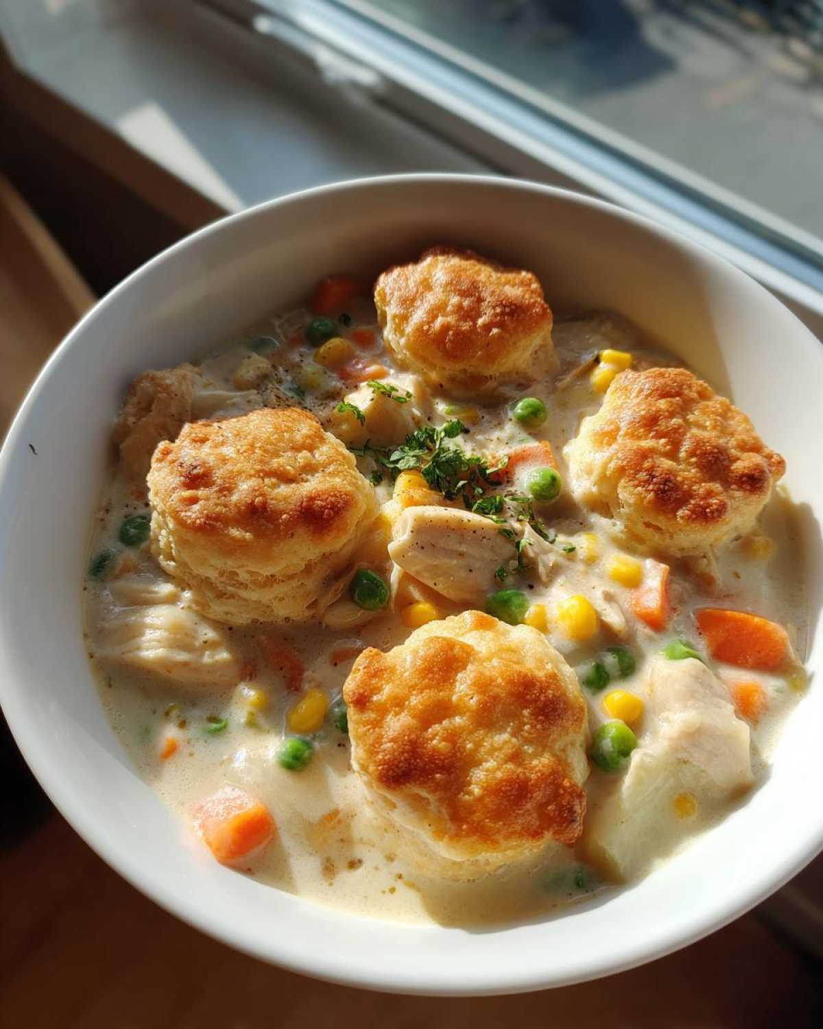 Overhead view of a bowl of chicken pot pie soup topped with golden brown biscuits and fresh herbs.